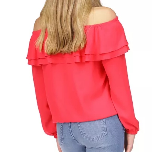 MICHAEL Michael Kors Solid Ruffle Peasant Top, Deep Pink, Long Sleeve Blouse M - Picture 4 of 15